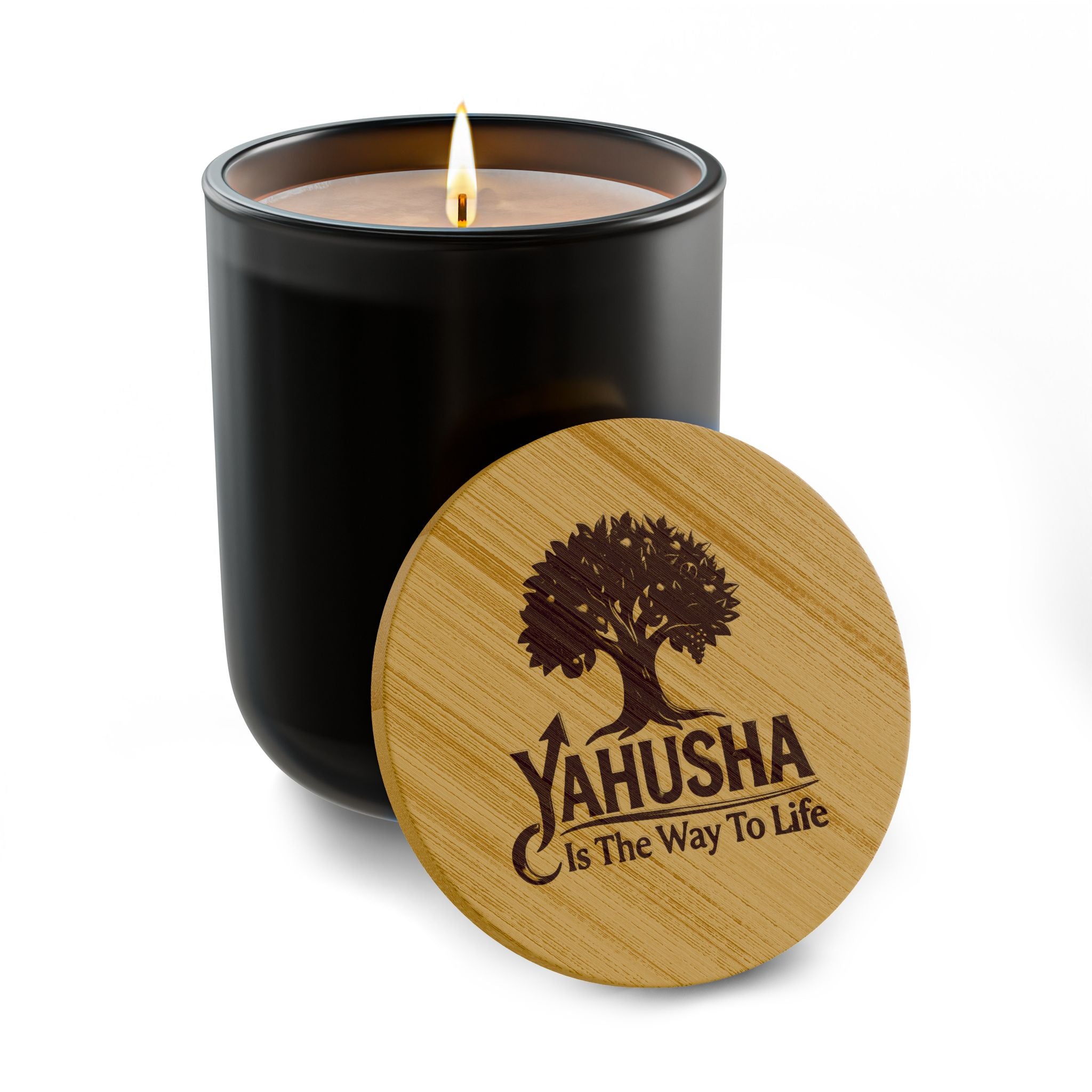 Yahusha Engraved Scented Soy Candle 14oz — "Yahusha Is The Way To Life" Bamboo Lid