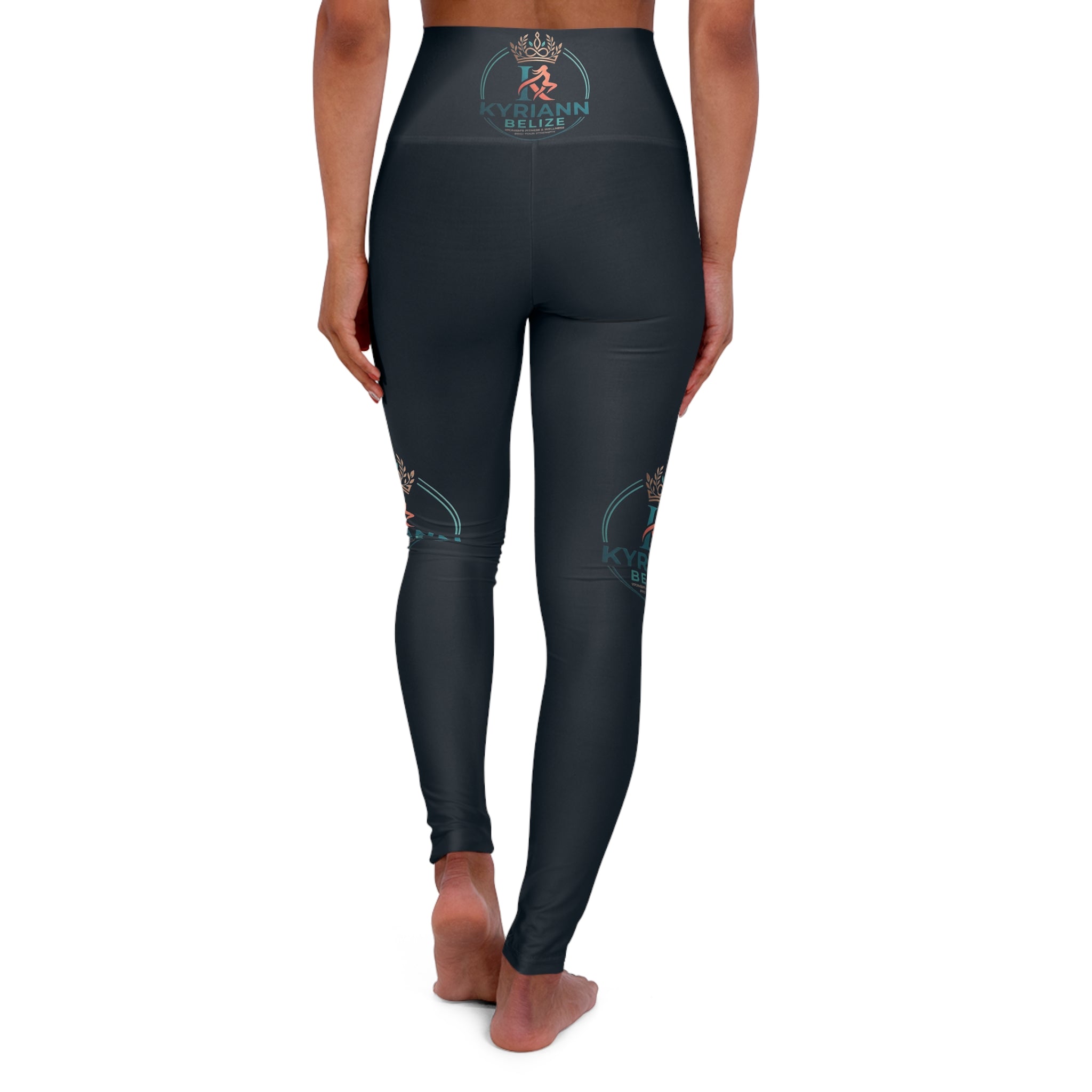 High-Waist Yoga Leggings — Dark Teal Tropical Logo AOP