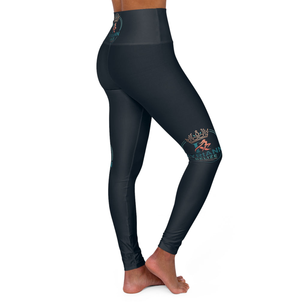High-Waist Yoga Leggings — Dark Teal Tropical Logo AOP