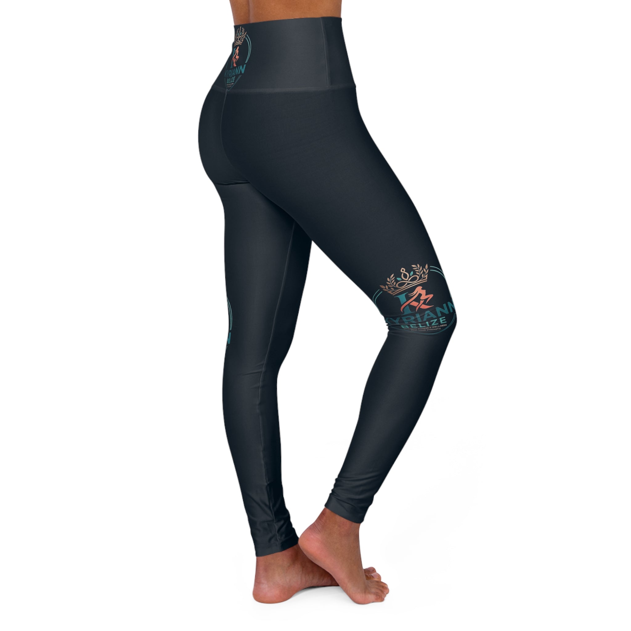 High-Waist Yoga Leggings — Dark Teal Tropical Logo AOP