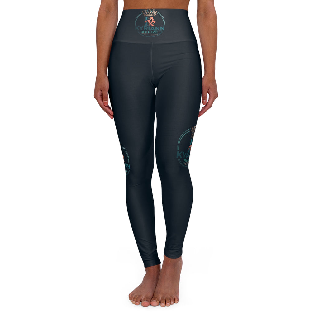 High-Waist Yoga Leggings — Dark Teal Tropical Logo AOP
