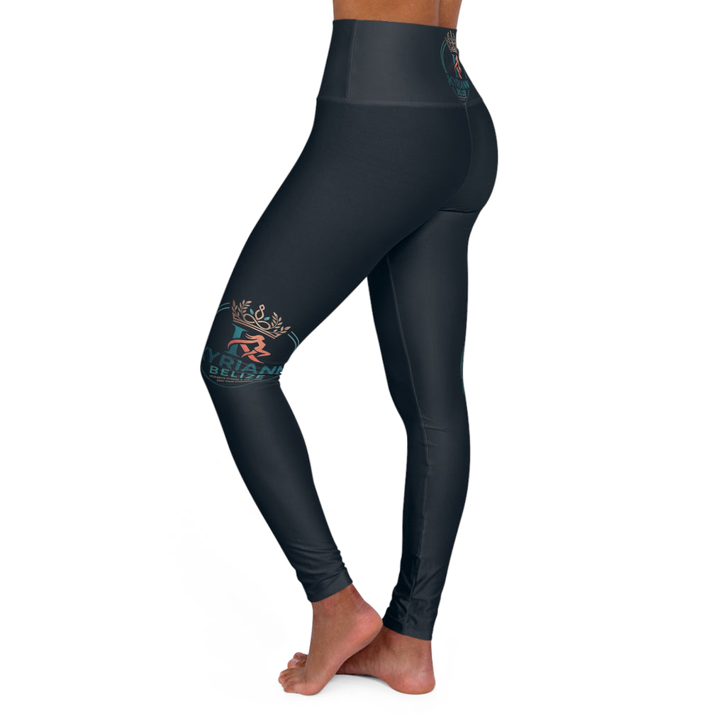 High-Waist Yoga Leggings — Dark Teal Tropical Logo AOP