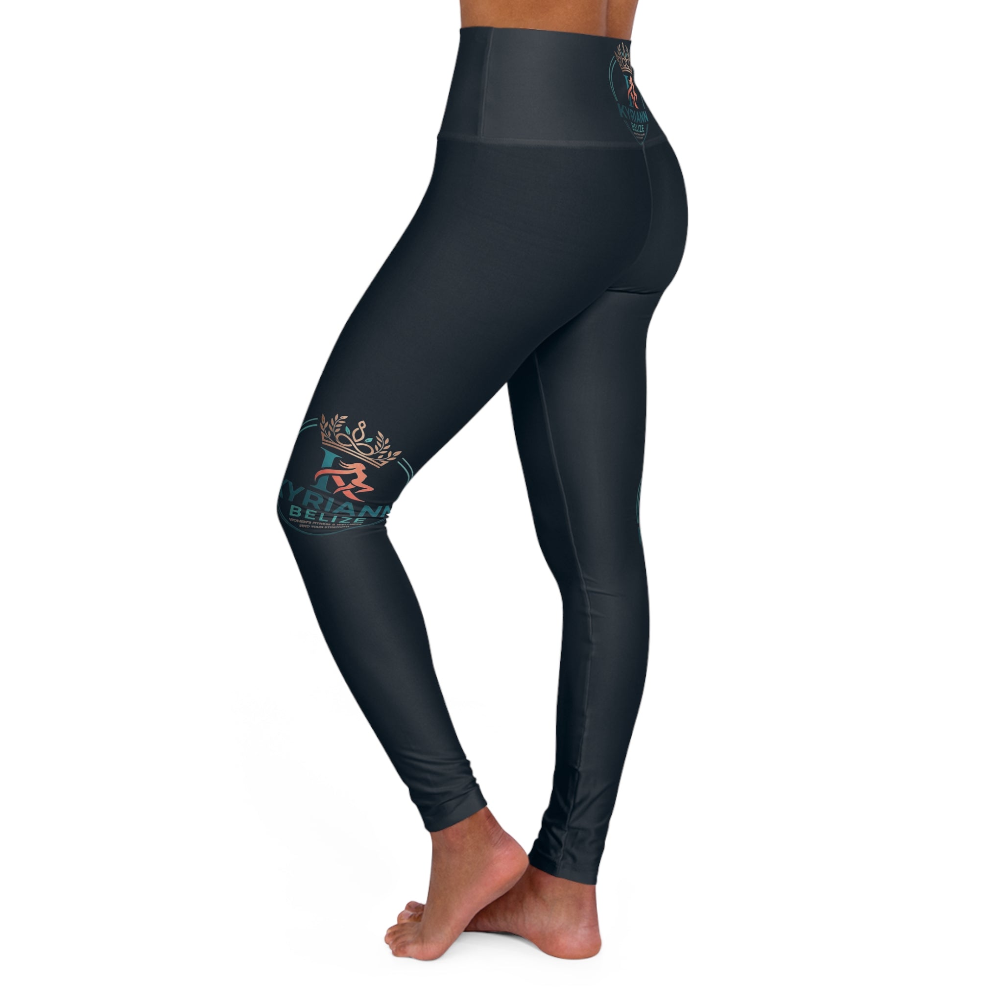 High-Waist Yoga Leggings — Dark Teal Tropical Logo AOP
