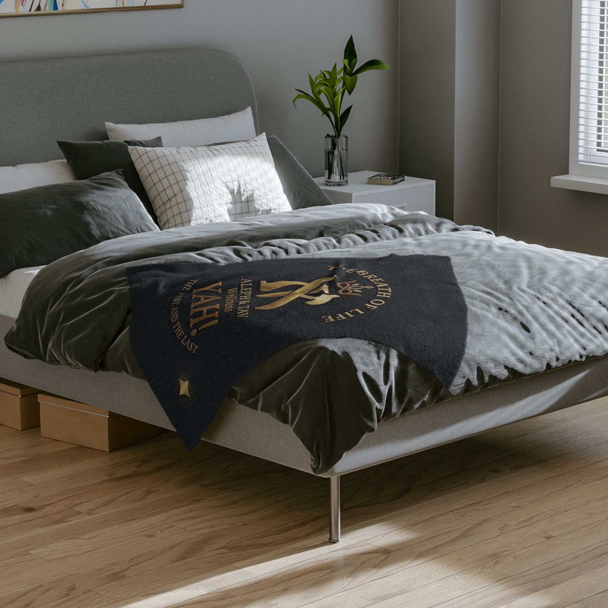 Velveteen Microfiber Blanket — "Yah!" Aleph & Tav Wellness Gold Emblem
